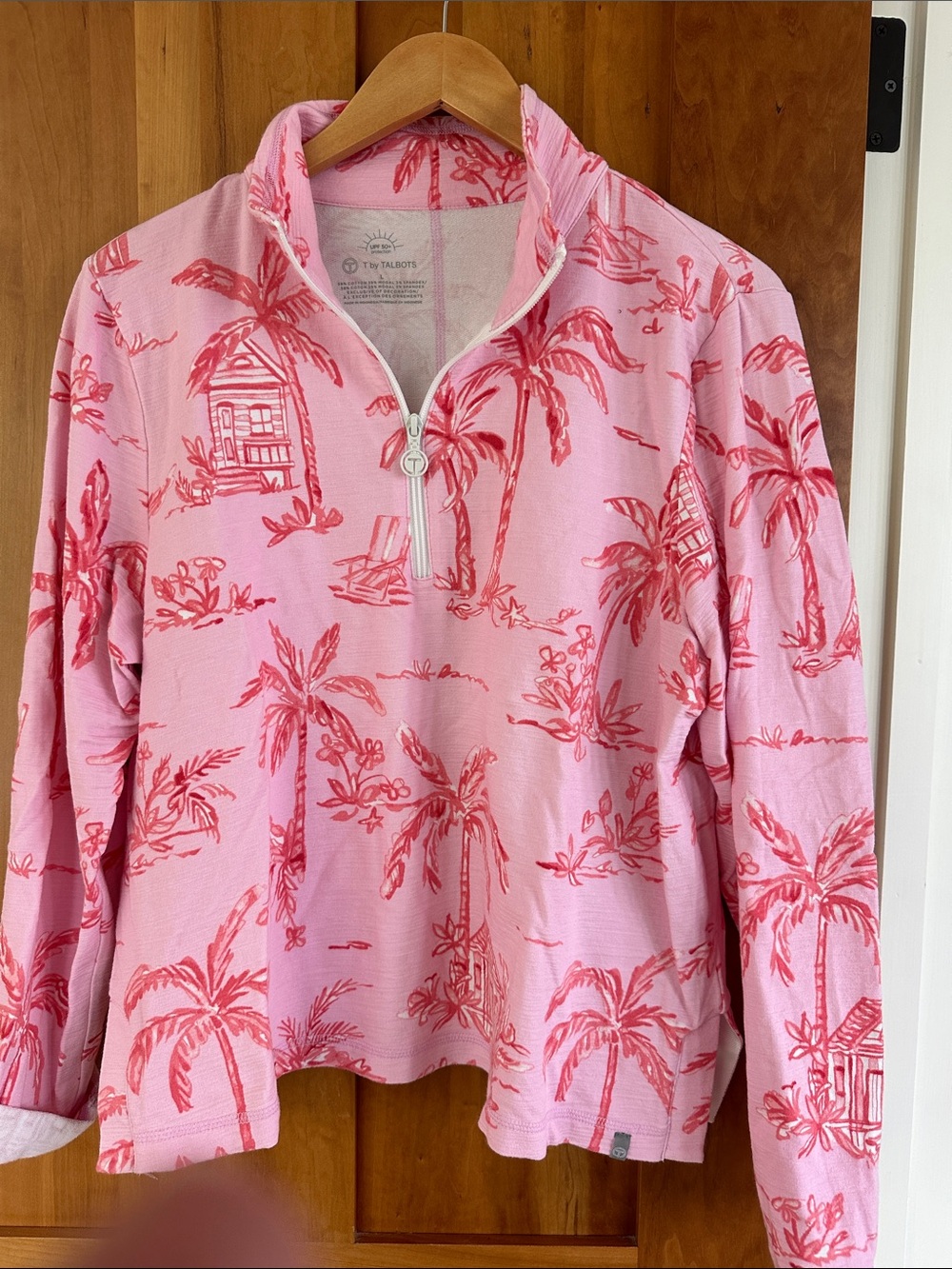 Talbots Pink Pullover Hoodie with Red Palm Print